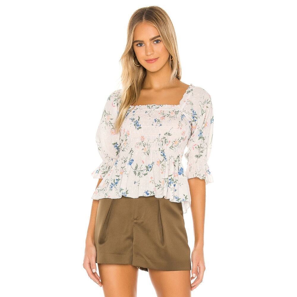 Saylor Clover Blouse Cream Multi Floral Smocked Peplum Cottage Chic Size M